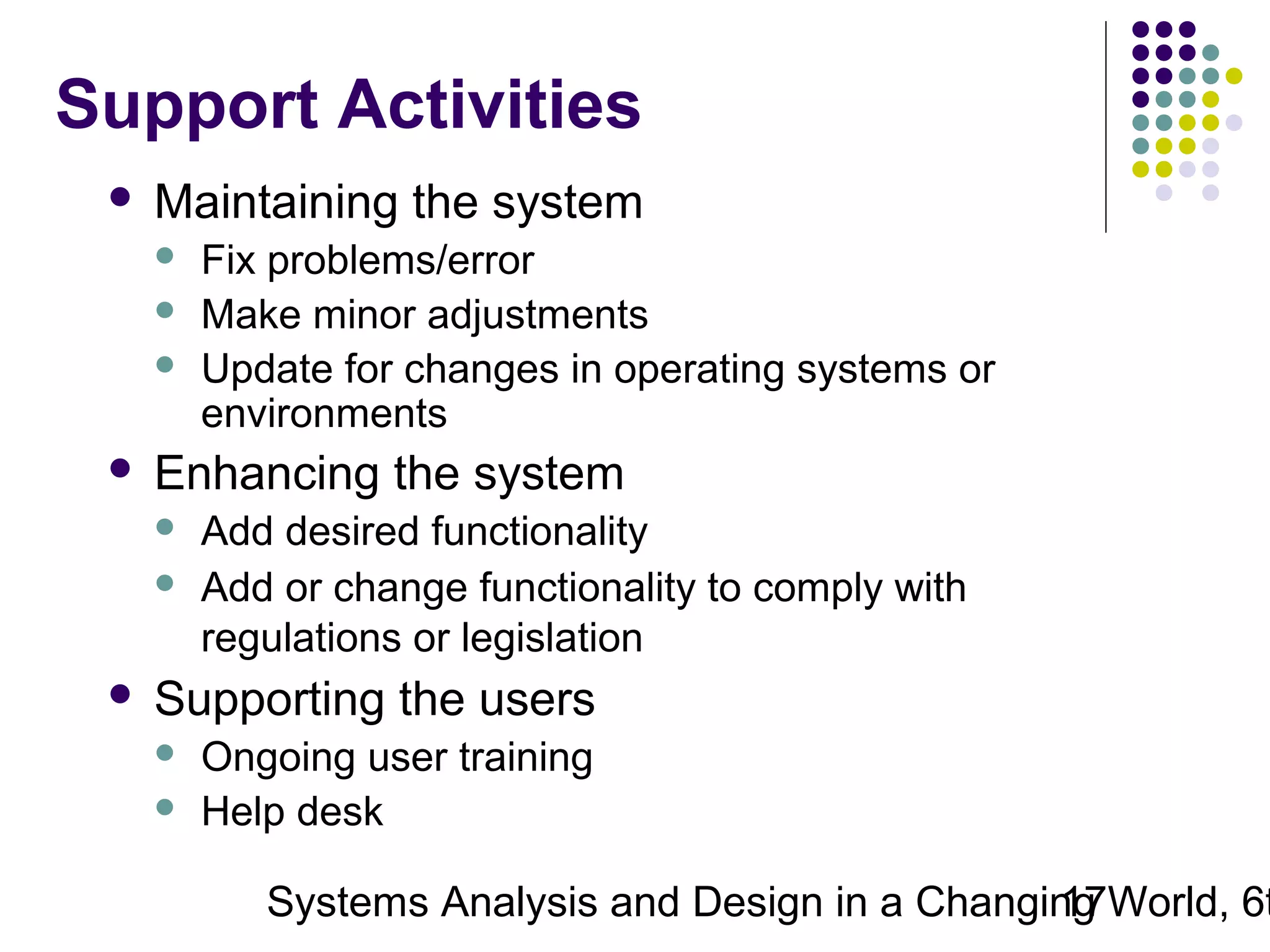 Support Activities


Maintaining the system






Enhancing the system





Fix problems/error
Make minor adjustments
Update for changes in operating systems or
environments
Add desired functionality
Add or change functionality to comply with
regulations or legislation

Supporting the users



Ongoing user training
Help desk

Systems Analysis and Design in a Changing World, 6t
17

 