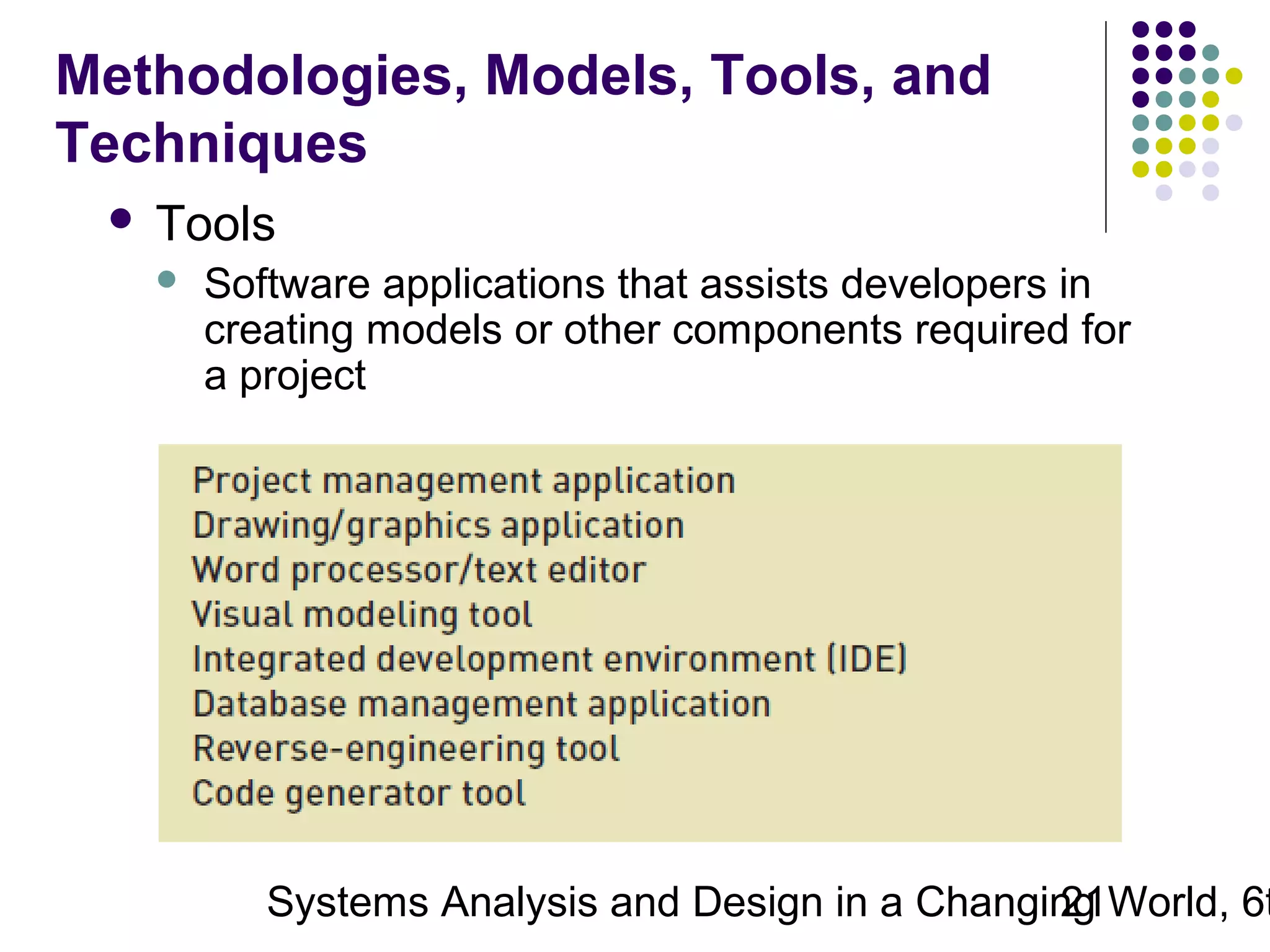 Methodologies, Models, Tools, and
Techniques


Tools


Software applications that assists developers in
creating models or other components required for
a project

Systems Analysis and Design in a Changing World, 6t
21

 