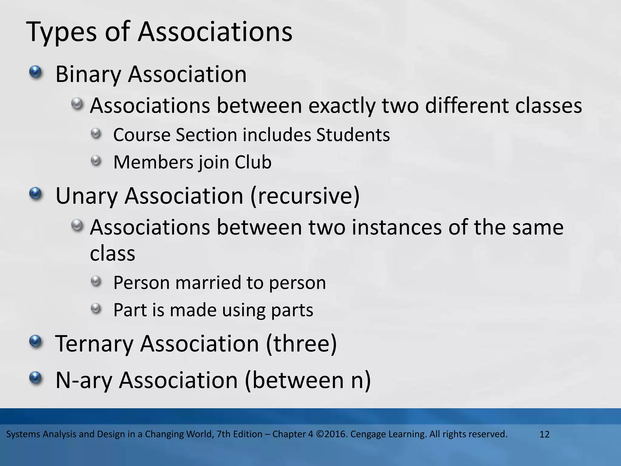 Types of Associations
Binary Association
Associations between exactly two different classes
Course Section includes Students
Members join Club
Unary Association (recursive)
Associations between two instances of the same
class
Person married to person
Part is made using parts
Ternary Association (three)
N-ary Association (between n)
12
Systems Analysis and Design in a Changing World, 7th Edition – Chapter 4 ©2016. Cengage Learning. All rights reserved.
 