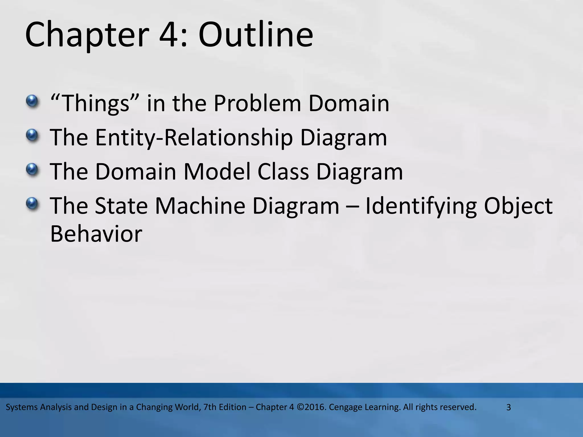 Chapter 4: Outline
“Things” in the Problem Domain
The Entity-Relationship Diagram
The Domain Model Class Diagram
The State Machine Diagram – Identifying Object
Behavior
3
Systems Analysis and Design in a Changing World, 7th Edition – Chapter 4 ©2016. Cengage Learning. All rights reserved.
 