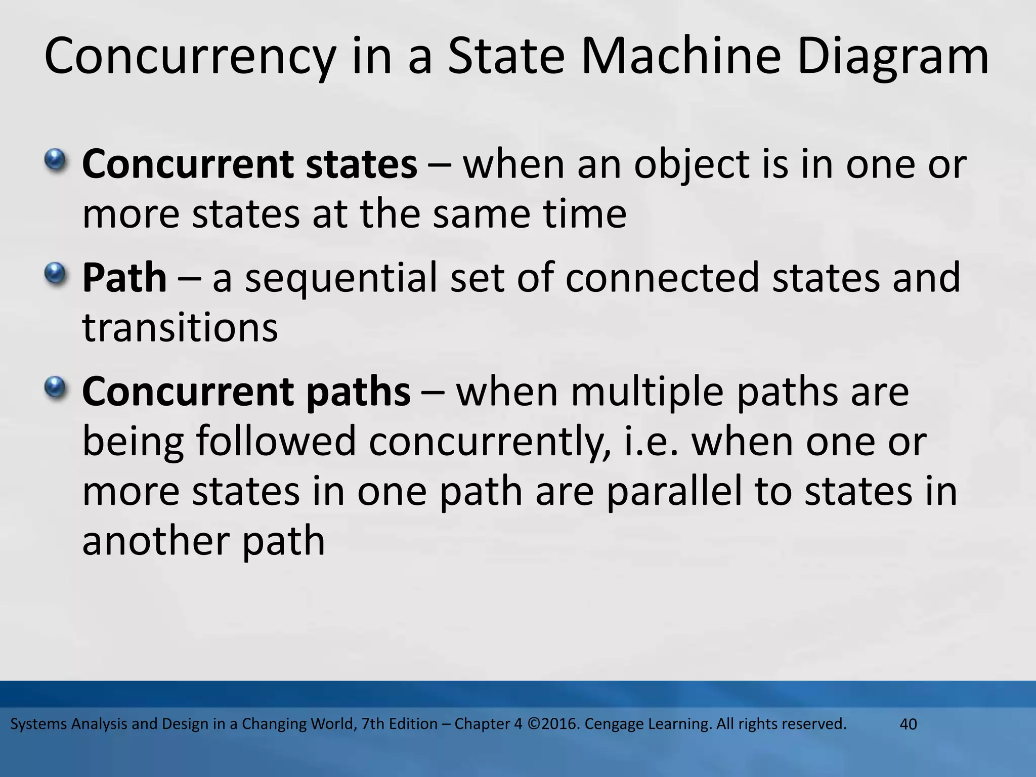 Concurrency in a State Machine Diagram
Concurrent states – when an object is in one or
more states at the same time
Path – a sequential set of connected states and
transitions
Concurrent paths – when multiple paths are
being followed concurrently, i.e. when one or
more states in one path are parallel to states in
another path
40
Systems Analysis and Design in a Changing World, 7th Edition – Chapter 4 ©2016. Cengage Learning. All rights reserved.
 