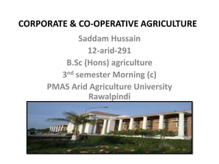 CORPORATE & CO-OPERATIVE AGRICULTURE
Saddam Hussain
12-arid-291
B.Sc (Hons) agriculture
3nd semester Morning (c)
PMAS Arid Agriculture University
Rawalpindi
PMAS– Arid agriculture university
Rawalpindi
 