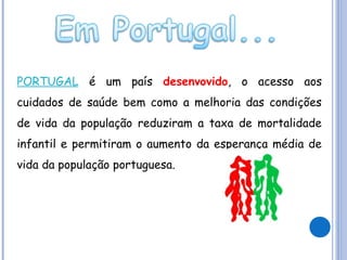 PORTUGAL é um país desenvovido, o acesso aos
cuidados de saúde bem como a melhoria das condições
de vida da população reduziram a taxa de mortalidade
infantil e permitiram o aumento da esperança média de
vida da população portuguesa.

 