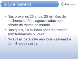 Alguns números... Nos próximos 25 anos, 25 milhões de mulheres serão diagnosticadas com câncer de mama no mundo Das quais, 10 milhões poderão morrer sem tratamento ou cura. No Brasil, para este ano foram estimados 50 mil novos casos. 