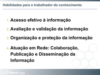 Habilidades para o trabalhador do conhecimento Acesso efetivo à informação Avaliação e validação da informação Organização e proteção da informação Atuação em Rede: Colaboração, Publicação e Disseminação da Informação Slide  