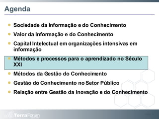 Agenda Sociedade da Informação e do Conhecimento Valor da Informação e do Conhecimento Capital Intelectual em organizações intensivas em informação Métodos e processos para o aprendizado no Século XXI Métodos da Gestão do Conhecimento Gestão do Conhecimento no Setor Público Relação entre Gestão da Inovação e do Conhecimento Slide  