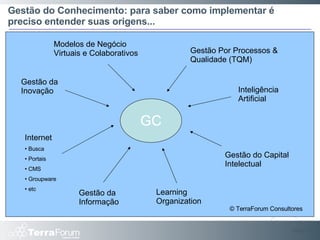 Gestão do Conhecimento: para saber como implementar é preciso entender suas origens... Slide  GC Internet Busca Portais CMS Groupware etc Gestão da Informação Learning Organization Gestão do Capital Intelectual Inteligência Artificial Gestão da Inovação Gestão Por Processos & Qualidade (TQM) Modelos de Negócio Virtuais e Colaborativos © TerraForum Consultores 