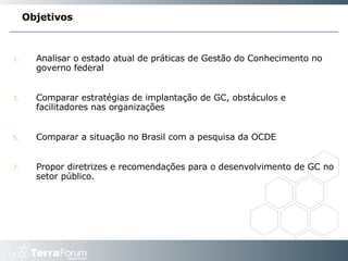 Objetivos Analisar o estado atual de práticas de Gestão do Conhecimento no governo federal Comparar estratégias de implantação de GC, obstáculos e facilitadores nas organizações Comparar a situação no Brasil com a pesquisa da OCDE Propor diretrizes e recomendações para o desenvolvimento de GC no setor público. 