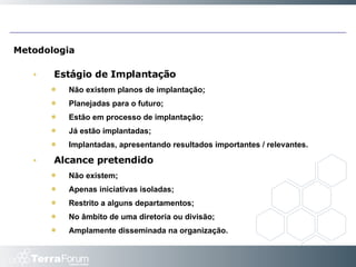 Metodologia Estágio de Implantação Não existem planos de implantação;  Planejadas para o futuro;  Estão em processo de implantação;  Já estão implantadas;  Implantadas, apresentando resultados importantes / relevantes. Alcance pretendido Não existem;  Apenas iniciativas isoladas;  Restrito a alguns departamentos;  No âmbito de uma diretoria ou divisão;  Amplamente disseminada na organização. 