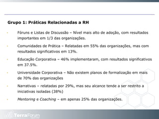 Grupo 1: Práticas Relacionadas a RH Fóruns e Listas de Discussão – Nível mais alto de adoção, com resultados importantes em 1/3 das organizações. Comunidades de Prática – Relatadas em 55% das organizações, mas com resultados significativos em 13%.  Educação Corporativa – 46% implementaram, com resultados significativos em 37.5%. Universidade Corporativa – Não existem planos de formalização em mais de 70% das organizações Narrativas – relatadas por 29%, mas seu alcance tende a ser restrito a iniciativas isoladas (38%) Mentoring  e  Coaching  – em apenas 25% das organizações. 
