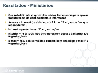 Resultados - Ministérios Quase totalidade disponibiliza várias ferramentas para apoiar transferência de conhecimento e informação Acesso a internet (realidade para 21 das 24 organizações que responderam) Intranet = presente em 20 organizações Internet = 76 a 100% dos servidores tem acesso à internet (20 organizações) E-mail = 76% dos servidores contam com endereço e-mail (16 organizações) Slide  