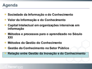 Agenda Sociedade da Informação e do Conhecimento Valor da Informação e do Conhecimento Capital Intelectual em organizações intensivas em informação Métodos e processos para o aprendizado no Século XXI Métodos da Gestão do Conhecimento Gestão do Conhecimento no Setor Público Relação entre Gestão da Inovação e do Conhecimento Slide  