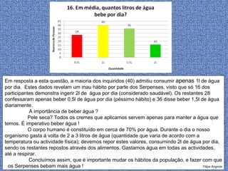 Em resposta a esta questão, a maioria dos inquiridos (40) admitiu consumir  apenas  1l de água por dia.  Estes dados revelam um mau hábito por parte dos Serpenses, visto que só 16 dos participantes demonstra ingerir 2l de  água por dia (considerado saudável). Os restantes 28 confessaram apenas beber 0,5l de água por dia (péssimo hábito) e 36 disse beber 1,5l de água diariamente.    A importância de beber água ? Pele seca? Todos os cremes que aplicamos servem apenas para manter a água que temos. É imperativo beber água !  O corpo humano é constituído em cerca de 70% por água. Durante o dia o nosso organismo gasta á volta de 2 a 3 litros de água (quantidade que varia de acordo com a temperatura ou actividade física); devemos repor estes valores, consumindo 2l de água por dia, sendo os restantes repostos através dos alimentos. Gastamos água em todas as actividades, até a respirar.  Concluímos assim, que é importante mudar os hábitos da população, e fazer com que os Serpenses bebam mais água !  Filipa Angrola 