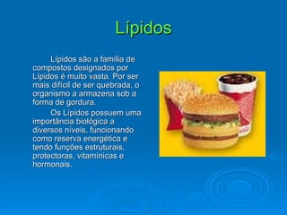 Lípidos Lípidos são a família de compostos designados por Lípidos é muito vasta. Por ser mais difícil de ser quebrada, o organismo a armazena sob a forma de gordura. Os Lípidos possuem uma importância biológica a diversos níveis, funcionando como reserva energética e tendo funções estruturais, protectoras, vitamínicas e hormonais. 