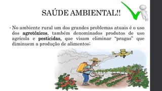 SAÚDE AMBIENTAL!!
• No ambiente rural um dos grandes problemas atuais é o uso
dos agrotóxicos, também denominados produtos de uso
agrícola e pesticidas, que visam eliminar “pragas” que
diminuem a produção de alimentos;
 