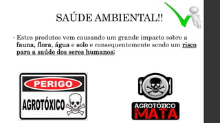 SAÚDE AMBIENTAL!!
• Estes produtos vem causando um grande impacto sobre a
fauna, flora, água e solo e consequentemente sendo um risco
para a saúde dos seres humanos;
 