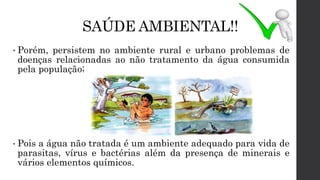 • Porém, persistem no ambiente rural e urbano problemas de
doenças relacionadas ao não tratamento da água consumida
pela população;
• Pois a água não tratada é um ambiente adequado para vida de
parasitas, vírus e bactérias além da presença de minerais e
vários elementos químicos.
SAÚDE AMBIENTAL!!
 