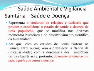           Saúde Ambiental e Vigilância     Sanitária – Saúde e DoençaRepresenta o conjunto de relações e variáveis que produz e condiciona o estado de saúde e doença de uma população, que se modifica nos diversos  momentos históricos e do desenvolvimento científico da humanidade.Até que, com os estudos de Louis Pasteur na França, entre outros, vem a prevalecer  a “teoria da unicausalidade”, com a descoberta dos  micróbios (vírus e bactérias) e, portanto, do agente etiológico, ou seja, aquele que causa a doença