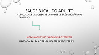 SAÚDE BUCAL DO ADULTO
• DIFICULDADE DE ACESSO ÀS UNIDADES DE SAÚDE HORÁRIO DE
TRABALHO
AGRAVAMENTO DOS PROBLEMAS EXISTENTES:
URGÊNCIA, FALTA AO TRABALHO, PERDAS DENTÁRIAS
 