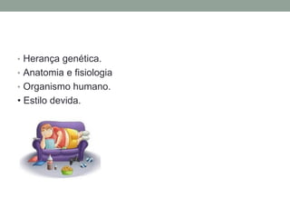 • Herança genética.
• Anatomia e fisiologia
• Organismo humano.
• Estilo devida.
 