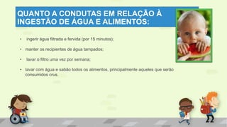 QUANTO A CONDUTAS EM RELAÇÃO À
INGESTÃO DE ÁGUA E ALIMENTOS:
• ingerir água filtrada e fervida (por 15 minutos);
• manter os recipientes de água tampados;
• lavar o filtro uma vez por semana;
• lavar com água e sabão todos os alimentos, principalmente aqueles que serão
consumidos crus.
 