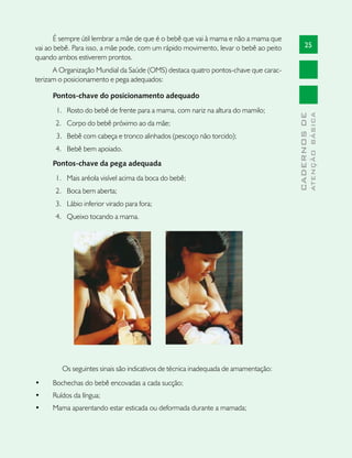 É sempre útil lembrar a mãe de que é o bebê que vai à mama e não a mama que
vai ao bebê. Para isso, a mãe pode, com um rápido movimento, levar o bebê ao peito         25
quando ambos estiverem prontos.
      A Organização Mundial da Saúde (OMS) destaca quatro pontos-chave que carac-
terizam o posicionamento e pega adequados:

     Pontos-chave do posicionamento adequado
       1. Rosto do bebê de frente para a mama, com nariz na altura do mamilo;




                                                                                                   ATENÇÃO BÁSICA
                                                                                     CADERNOS DE
      2. Corpo do bebê próximo ao da mãe;
       3. Bebê com cabeça e tronco alinhados (pescoço não torcido);
      4. Bebê bem apoiado.
     Pontos-chave da pega adequada
      1. Mais aréola visível acima da boca do bebê;
      2. Boca bem aberta;
      3. Lábio inferior virado para fora;
      4. Queixo tocando a mama.




        Os seguintes sinais são indicativos de técnica inadequada de amamentação:
•	   Bochechas do bebê encovadas a cada sucção;
•	   Ruídos da língua;
•	   Mama aparentando estar esticada ou deformada durante a mamada;
 