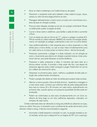•	    Secar as mãos e antebraços com toalha limpa ou de papel;
       36
                                     •	    Posicionar o recipiente onde será coletado o leite materno (copo, xícara,
                                           caneca ou vidro de boca larga) próximo ao seio;
                                     •	    Massagear delicadamente a mama como um todo com movimentos circu-
                                           lares da base em direção à aréola;
                                     •	    Procurar estar relaxada, sentada ou em pé, em posição confortável. Pensar
                                           no bebê pode auxiliar na ejeção do leite;
                                     •	    Curvar o tórax sobre o abdômen, para facilitar a saída do leite e aumentar
              ATENÇÃO BÁSICA
CADERNOS DE




                                           o fluxo;
                                     •	    Com os dedos da mão em forma de “C”, colocar o polegar na aréola ACI-
                                           MA do mamilo e o dedo indicador ABAIXO do mamilo na transição aréola-
                                           mama, em oposição ao polegar, sustentando o seio com os outros dedos;
                                     •	    Usar preferencialmente a mão esquerda para a mama esquerda e a mão
                                           direita para a mama direita, ou usar as duas mãos simultaneamente (uma
                                           em cada mama ou as duas juntas na mesma mama – técnica bimanual);
                                     •	    Pressionar suavemente o polegar e o dedo indicador, um em direção ao
                                           outro, e levemente para dentro em direção à parede torácica. Evitar pres-
                                           sionar demais, pois pode bloquear os ductos lactíferos;
                                     •	    Pressionar e soltar, pressionar e soltar. A manobra não deve doer se a
                                           técnica estiver correta. A princípio o leite pode não fluir, mas depois de
                                           pressionar algumas vezes o leite começará a pingar. Poderá fluir em jorros
                                           se o reflexo de ocitocina for ativo;
                                     •	    Desprezar os primeiros jatos, assim, melhora a qualidade do leite pela re-
                                           dução dos contaminantes microbianos;
                                     •	    Mudar a posição dos dedos ao redor da aréola para esvaziar todas as áreas;
                                     •	    Alternar a mama quando o fluxo de leite diminuir, repetindo a massagem e
                                           o ciclo várias vezes. Lembrar que ordenhar leite de peito adequadamente
                                           leva mais ou menos 20 a 30 minutos, em cada mama, especialmente nos
                                           primeiros dias, quando apenas uma pequena quantidade de leite pode ser
                                           produzida;
                                     •	      Podem ser ordenhados os dois seios simultaneamente em um único va-
                                             silhame de boca larga ou em dois vasilhames separados, colocados um
                                             embaixo de cada mama.
                                      O leite ordenhado deve ser oferecido à criança de preferência utilizando-se copo,
                               xícara ou colher. Para isso, é necessário que o profissional de saúde demonstre como
                               oferecer o leite à criança. A técnica recomendada é a seguinte:
                                     •	    Acomodar o bebê desperto e tranqüilo no colo, na posição sentada ou se-
                                           mi-sentada, sendo que a cabeça forme um ângulo de 90º com o pescoço;
 