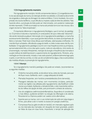 1.9.4 Ingurgitamento mamário
                                                                                                    39
       No ingurgitamento mamário, há três componentes básicos: (1) congestão/aumen-
to da vascularização da mama; (2) retenção de leite nos alvéolos; e (3) edema decorrente
da congestão e obstrução da drenagem do sistema linfático. Como resultado, há a com-
pressão dos ductos lactíferos, o que dificulta ou impede a saída do leite dos alvéolos. Não
havendo alívio, a produção do leite pode ser interrompida, com posterior reabsorção
do leite represado. O leite acumulado na mama sob pressão torna-se mais viscoso; daí a
origem do termo “leite empedrado”.




                                                                                                            ATENÇÃO BÁSICA
                                                                                              CADERNOS DE
        É importante diferenciar o ingurgitamento fisiológico, que é normal, do patológi-
co. O primeiro é discreto e representa um sinal positivo de que o leite está “descendo”,
não sendo necessária qualquer intervenção. Já no ingurgitamento patológico, a mama fica
excessivamente distendida, o que causa grande desconforto, às vezes acompanhado de
febre e mal-estar. Pode haver áreas difusas avermelhadas, edemaciadas e brilhantes. Os
mamilos ficam achatados, dificultando a pega do bebê, e o leite muitas vezes não flui com
facilidade. O ingurgitamento patológico ocorre com mais freqüência entre as primíparas,
aproximadamente três a cinco dias após o parto. Leite em abundância, início tardio da
amamentação, mamadas infreqüentes, restrição da duração e freqüência das mamadas e
sucção ineficaz do bebê favorecem o aparecimento do ingurgitamento. Portanto, ama-
mentação em livre demanda, iniciada o mais cedo possível, preferencialmente logo após
o parto, e com técnica correta, e o não uso de complementos (água, chás e outros leites)
são medidas eficazes na prevenção do ingurgitamento.
      1.9.4.1 Manejo
      Se o ingurgitamento mamário patológico não pode ser evitado, recomendam-se
as seguintes medidas:
      •	    Ordenha manual da aréola, se ela estiver tensa, antes da mamada, para que
            ela fique macia, facilitando, assim, a pega adequada do bebê;
      •	    Mamadas freqüentes, sem horários preestabelecidos (livre demanda);
      •	    Massagens delicadas das mamas, com movimentos circulares, particular-
            mente nas regiões mais afetadas pelo ingurgitamento; elas fluidificam o leite
            viscoso acumulado, facilitando a retirada do leite, e são importantes estímu-
            los do reflexo de ejeção do leite, pois promovem a síntese de ocitocina;
      •	    Uso de analgésicos sistêmicos/antiinflamatórios. Ibuprofeno é considerado
            o mais efetivo, auxiliando também na redução da inflamação e do edema.
            Paracetamol ou Dipirona podem ser usados como alternativas;
      •	    Suporte para as mamas, com o uso ininterrupto de sutiã com alças largas e
            firmes, para aliviar a dor e manter os ductos em posição anatômica;
      •	    Compressas frias (ou gelo envolto em tecido), em intervalos regulares após
            ou nos intervalos das mamadas; em situações de maior gravidade, podem
            ser feitas de duas em duas horas. Importante: o tempo de aplicação das
 
