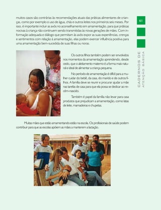 muitos casos são contrárias às recomendações atuais das práticas alimentares de crian-
ças, como por exemplo o uso de água, chás e outros leites nos primeiros seis meses. Por               61
isso, é importante incluir as avós no aconselhamento em amamentação, para que práticas
nocivas à criança não continuem sendo transmitidas às novas gerações de mães. Com in-
formação adequada e diálogo que permitam às avós expor as suas experiências, crenças
e sentimentos com relação à amamentação, elas podem exercer influência positiva para
uma amamentação bem-sucedida de suas filhas ou noras.




                                                                                                              ATENÇÃO BÁSICA
                                                                                                CADERNOS DE
                                             Os outros filhos também podem ser envolvidos
                                     nos momentos da amamentação aprendendo, desde
                                     cedo, que o aleitamento materno é a forma mais natu-
                                     ral e ideal de alimentar a criança pequena.
                                            No período de amamentação é difícil para a mu-
                                     lher cuidar do bebê, da casa, do marido e de outros fi-
                                     lhos. A família deve se reunir e procurar ajudar a mãe
                                     nas tarefas de casa para que ela possa se dedicar ao re-
                                     cém-nascido.
                                             Também é papel da família não levar para casa
                                     produtos que prejudicam a amamentação, como latas
                                     de leite, mamadeiras e chupetas.




       Muitas mães que estão amamentando estão na escola. Os profissionais de saúde podem
contribuir para que as escolas apóiem as mães a manterem a lactação.
 