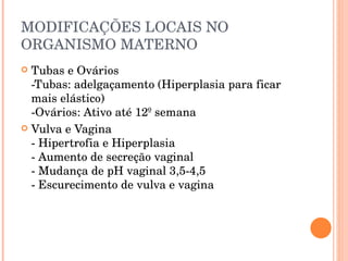 MODIFICAÇÕES LOCAIS NO ORGANISMO MATERNO Tubas e Ovários -Tubas: adelgaçamento (Hiperplasia para ficar mais elástico) -Ovários: Ativo até 12º semana Vulva e Vagina - Hipertrofia e Hiperplasia - Aumento de secreção vaginal - Mudança de pH vaginal 3,5-4,5 - Escurecimento de vulva e vagina 