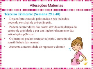 Alterações Maternas
Terceiro Trimestre (Semana 29 a 40)
• Desconforto causado pelas mãos e pés inchados,
podendo ser sinal de pré-eclâmpsia.
• Podem ocorrer dores nas costas devido a mudanças do
centro de gravidade e por um ligeiro relaxamento das
articulações pélvicas.
• Os mamilos podem secretar colostro., aumento da
sensibilidade das mamas.
• Aumenta a necessidade de repousar e dormir.
 