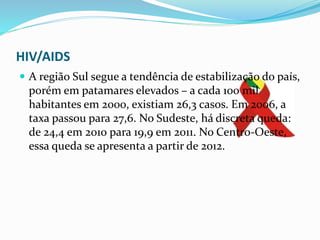 HIV/AIDS
 A região Sul segue a tendência de estabilização do país,
porém em patamares elevados – a cada 100 mil
habitantes em 2000, existiam 26,3 casos. Em 2006, a
taxa passou para 27,6. No Sudeste, há discreta queda:
de 24,4 em 2010 para 19,9 em 2011. No Centro-Oeste,
essa queda se apresenta a partir de 2012.
 