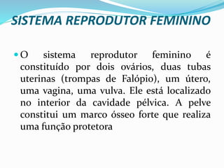 SISTEMA REPRODUTOR FEMININO
 O sistema reprodutor feminino é
constituído por dois ovários, duas tubas
uterinas (trompas de Falópio), um útero,
uma vagina, uma vulva. Ele está localizado
no interior da cavidade pélvica. A pelve
constitui um marco ósseo forte que realiza
uma função protetora
 