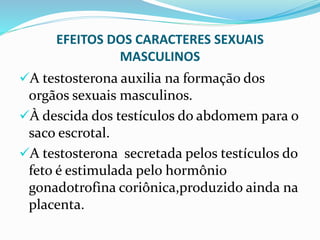 EFEITOS DOS CARACTERES SEXUAIS
MASCULINOS
A testosterona auxilia na formação dos
orgãos sexuais masculinos.
À descida dos testículos do abdomem para o
saco escrotal.
A testosterona secretada pelos testículos do
feto é estimulada pelo hormônio
gonadotrofina coriônica,produzido ainda na
placenta.
 