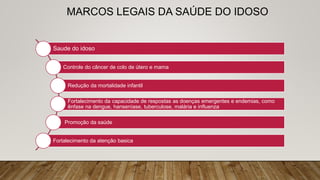 MARCOS LEGAIS DA SAÚDE DO IDOSO
Saude do idoso
Controle do câncer de colo de útero e mama
Redução da mortalidade infantil
Fortalecimento da capacidade de respostas as doenças emergentes e endemias, como
ênfase na dengue, hanseníase, tuberculose, malária e influenza
Promoção da saúde
Fortalecimento da atenção basica
 