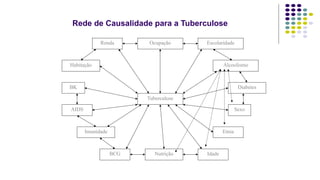Rede de Causalidade para a Tuberculose
Tuberculose
BK
Imunidade
BCG Nutrição
Alcoolismo
Diabetes
Idade
Sexo
Etnia
Ocupação
Renda
Habitação
AIDS
Escolaridade
 