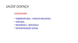 SAÚDE DOENÇA
CONCEPÇÕES
• SOBRENATURAL - MÁGICO RELIGIOSA
• NATURAL
• BIOMÉDICA - BIOLÓGICA
• DETERMINAÇÃO SOCIAL
 