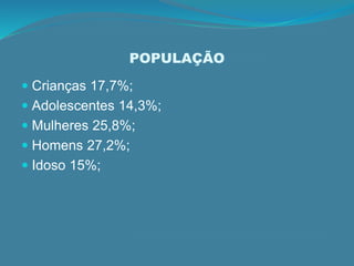 POPULAÇÃO
 Crianças 17,7%;
 Adolescentes 14,3%;
 Mulheres 25,8%;
 Homens 27,2%;
 Idoso 15%;
 