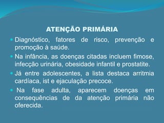 ATENÇÃO PRIMÁRIA
 Diagnóstico, fatores de risco, prevenção e
promoção à saúde.
 Na infância, as doenças citadas incluem fimose,
infecção urinária, obesidade infantil e prostatite.
 Já entre adolescentes, a lista destaca arritmia
cardíaca, ist e ejaculação precoce.
 Na fase adulta, aparecem doenças em
consequências de da atenção primária não
oferecida.
 
