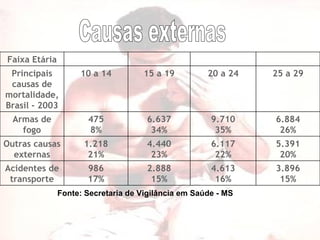 Fonte: Secretaria de Vigilância em Saúde - MS Causas externas Faixa Etária Principais causas de mortalidade, Brasil - 2003 10 a 14 15 a 19 20 a 24 25 a 29 Armas de fogo 475 8% 6.637 34% 9.710 35% 6.884 26% Outras causas externas 1.218 21% 4.440 23% 6.117 22% 5.391 20% Acidentes de transporte 986 17% 2.888 15% 4.613 16% 3.896 15% 
