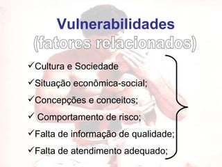   Vulnerabilidades Cultura e Sociedade Situação econômica-social; Concepções e conceitos; Comportamento de risco; Falta de informação de qualidade; Falta de atendimento adequado; (fatores relacionados) 