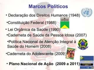 Marcos Políticos Declaração dos Direitos Humanos (1948) Lei Orgânica da Saúde (1990) Constituição Federal (1988)  Política Nacional de Atenção Integral à Saúde do Homem (2008) Plano Nacional de Ação  (2009 a 2011) Caderneta do Adolescente (2009) Caderneta de Saúde da Pessoa Idosa (2007) 
