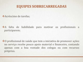 EQUIPES SOBRECARREGADAS
Acréscimo de tarefas;

A falta de habilidade para motivar os profissionais a
participarem;

O profissional de saúde que tem a iniciativa de promover ações
no serviço recebe pouco apoio material e financeiro, contando
apenas com a boa vontade dos colegas ou com recursos
próprios.

 