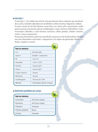 12
Urina tipo 1
A urina tipo 1 é na verdade uma série de testes que detectam vários compostos que são elimina-
dos na urina, incluindo subprodutos do metabolismo, células, bactérias e fragmentos celulares.
O exame consiste de três fases distintas, exame físico (cor, clareza, pH e concentração), análise
química (presença de proteína, glicose, urobilinogênio, corpos cetônicos e bilirrubina) e exame
microscópico (identiﬁca e conta hemácias, leucócitos, células epiteliais, cilindros, bactérias,
cristais e outros componentes).
Na presença de hematúria, pode estar especiﬁcada a presença ou não de dismorﬁsmo. Quando
não existe dismorﬁsmo eritrocitário o sangramento é de origem não glomerular (cálculos, in-
fecções, neoplasia e trauma).
Valor de referência
Cor Amarelo palha
Aspecto Límpida - transparente
Ph 4,6 a 6,5
Densidade 1.015 a 1.025
Proteína Ausente (g/L)
Glicose Ausente (g/L)
Corpos cetônicos Ausente
Bilirrubina Ausente
Urobilinogênio Normal (até 1/20)
Método Enzimático (fonte: Criesp)
Sedimento quantitativo por campo
Valor de referência
Leucócitos Até 5 por campo
Hemácias Até 4 por campo
Cilindros Ausentes
Células epiteliais Raras
Cristais Ausentes
Saude do Homem - fasc 2 - perfil laboratorial do homem_v2.indd 12 8/5/2009 18:13:50
 