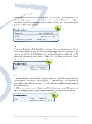 23
Para obtermos os valores reais da testosterona livre, deve-se solicitar a testosterona livre calcu-
lada, que é obtida por meio dos valores de testosterona total, SHBG e albumina. Alguns
laboratórios fornecem esse cálculo pronto ou pode-se calcular com a utilização de nomo-
gramas ou calculadoras especíﬁcas.
Valor de referência
Testosterona > 15 anos: 180 a 880 ng/dL
SHBG 17 a 65 anos: 14,5 a 48,4 nmol/L
Testosterona livre calculada 5,0 a 64,0 pg/mL
LH
O hormônio luteinizante (LH) é produzido na hipóﬁse. Tem uma ação estimulante sobre as
células de Leydig nos testículos causando um aumento na produção de testosterona. A tes-
tosterona tem um efeito de feedback negativo na hipóﬁse diminuindo a produção de LH. Na
infertilidade masculina, os valores normais de LH e altos de FSH são indicativos de falência
espermatogênica.
Valor de referência
LH
Adultos: 1,7 a 8,6 mU/mL
Pré-púberes: < 1,7 mU/mL
FSH
O hormônio folículo estimulante (FSH) age diretamente nas células dos túbulos seminíferos
(células de Sertoli) estimulando a espermatogênese. O FSH também atua nas células de Leydig,
aumentando o número de receptores para LH, potencializando a ação desse hormônio na pro-
dução de testosterona.
O FSH em valores elevados e leva ao diagnóstico de hipofunção gonadal primária (falência esperma-
togênica). No hipogonadismo hipogonadotróﬁco os valores de FSH estão abaixo dos normais.
Valor de referência
FSH
Adultos: 1 a 10,5 mU/mL
Pré-púberes > 2 anos: < 2,0 mU/mL
togênica). No hipogonadismo hipogonadotróﬁco os valores de FSH estão abaixo dos normais.
Saude do Homem - fasc 2 - perfil laboratorial do homem_v2.indd 23 8/5/2009 18:19:48
 