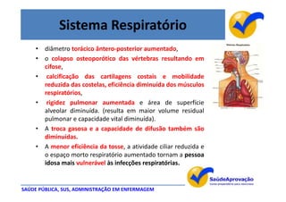 Sistema Respiratório
     • diâmetro torácico ântero-posterior aumentado,
     • o colapso osteoporótico das vértebras resultando em
       cifose,
     • calcificação das cartilagens costais e mobilidade
       reduzida das costelas, eficiência diminuída dos músculos
       respiratórios,
     • rigidez pulmonar aumentada e área de superfície
       alveolar diminuída. (resulta em maior volume residual
       pulmonar e capacidade vital diminuída).
     • A troca gasosa e a capacidade de difusão também são
       diminuídas.
     • A menor eficiência da tosse, a atividade ciliar reduzida e
       o espaço morto respiratório aumentado tornam a pessoa
       idosa mais vulnerável às infecções respiratórias.


SAÚDE PÚBLICA, SUS, ADMINISTRAÇÃO EM ENFERMAGEM
 
