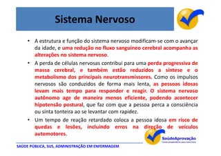 Sistema Nervoso
     • A estrutura e função do sistema nervoso modificam-se com o avançar
       da idade, e uma redução no fluxo sanguíneo cerebral acompanha as
       alterações no sistema nervoso.
     • A perda de células nervosas contribui para uma perda progressiva de
       massa cerebral, e também estão reduzidos a síntese e o
       metabolismo dos principais neurotransmissores. Como os impulsos
       nervosos são conduzidos de forma mais lenta, as pessoas idosas
       levam mais tempo para responder e reagir. O sistema nervoso
       autônomo age de maneira menos eficiente, podendo acontecer
       hipotensão postural, que faz com que a pessoa perca a consciência
       ou sinta tonteira ao se levantar com rapidez.
     • Um tempo de reação retardado coloca a pessoa idosa em risco de
       quedas e lesões, incluindo erros na direção de veículos
       automotores.

SAÚDE PÚBLICA, SUS, ADMINISTRAÇÃO EM ENFERMAGEM
 
