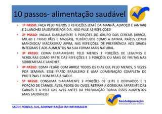 10 passos- alimentação saudável
  •   1º PASSO: FAÇA PELO MENOS 3 REFEIÇÕES (CAFÉ DA MANHÃ, ALMOÇO E JANTAR)
      E 2 LANCHES SAUDÁVEIS POR DIA. NÃO PULE AS REFEIÇÕES!
  •   2º PASSO: INCLUA DIARIAMENTE 6 PORÇÕES DO GRUPO DOS CEREAIS (ARROZ,
      MILHO E TRIGO PÃES E MASSAS), TUBÉRCULOS COMO A BATATA, RAÍZES COMO
      MANDIOCA/ MACAXEIRA/ AIPIM, NAS REFEIÇÕES. DÊ PREFERÊNCIA AOS GRÃOS
      INTEGRAIS E AOS ALIMENTOS NA SUA FORMA MAIS NATURAL.
  •   3º PASSO: COMA DIARIAMENTE PELO MENOS 3 PORÇÕES DE LEGUMES E
      VERDURAS COMO PARTE DAS REFEIÇÕES E 3 PORÇÕES OU MAIS DE FRUTAS NAS
      SOBREMESAS E LANCHES
  •   4º PASSO: COMA FEIJÃO COM ARROZ TODOS OS DIAS OU, PELO MENOS, 5 VEZES
      POR SEMANA. ESSE PRATO BRASILEIRO É UMA COMBINAÇÃO COMPLETA DE
      PROTEÍNAS E BOM PARA A SAÚDE.
  •   5º PASSO: CONSUMA DIARIAMENTE 3 PORÇÕES DE LEITE E DERIVADOS E 1
      PORÇÃO DE CARNES, AVES, PEIXES OU OVOS. RETIRAR A GORDURA APARENTE DAS
      CARNES E A PELE DAS AVES ANTES DA PREPARAÇÃO TORNA ESSES ALIMENTOS
      MAIS SAUDÁVEIS!


SAÚDE PÚBLICA, SUS, ADMINISTRAÇÃO EM ENFERMAGEM
 
