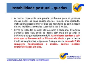 Instabilidade postural - quedas

    • A queda representa um grande problema para as pessoas
      idosas dadas as suas conseqüências (injúria, incapacidade,
      institucionalização e morte) que são resultado da combinação
      de alta incidência com alta suscetibilidade à lesões.
    • Cerca de 30% das pessoas idosas caem a cada ano. Essa taxa
      aumenta para 40% entre os idosos com mais de 80 anos e
      50% entre os que residem em ILPI. As mulheres tendem a cair
      mais que os homens até os 75 anos de idade, a partir dessa
      idade as freqüências se igualam. Dos que caem, cerca de 2,5%
      requerem hospitalização e desses, apenas metade
      sobreviverá após um ano.




SAÚDE PÚBLICA, SUS, ADMINISTRAÇÃO EM ENFERMAGEM
 