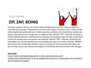 JOGO TEATRAL

ZIP, ZAP, BOING
Convidar o grupo a formar um círculo, todos voltados para o centro. Passar a seguinte
instrução para o grupo: “Passaremos uma fonte de energia, um para o outro. Com uma das
mãos espalmada, apontando para o lado esquerdo ou direito com movimentos laterais dos
braços, passaremos essa energia para o colega ao lado, falando “ZIP”. Esticando os braços à
frente, batendo palmas e olhando para uma pessoa em qualquer lugar da roda, passaremos
a fonte de energia para uma pessoa mais distante, falando “ZAP”. Fazendo movimento de
ondulação com o corpo devolvemos essa energia para quem nos enviou, dizendo “BOING”.
Aos poucos são introduzidos desafios: passar a energia no ritmo marcado pelo bater dos
pés no chão; passar duas fontes de energia em momentos distintos do desenrolar do jogo.

REFLEXÃO:
O QUE VOCÊS SENTIRAM ENQUANTO O JOGO ERA DESENVOLVIDO?
COMO ESSES SENTIMENTOS SE RELACIONAM COM AQUELES VIVENCIADOS PELO DOCENTE
NO COTIDIANO ESCOLAR?

 